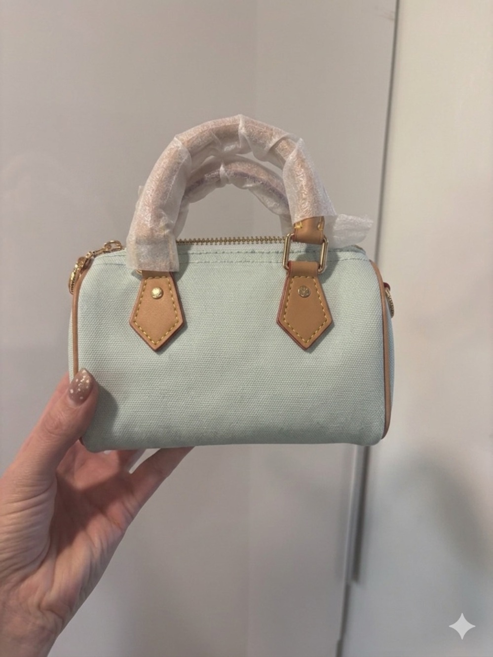 Light Blue Mini (na)no Barrel Handbag with Tan leather Trim crossbody - Picture 3 of 3